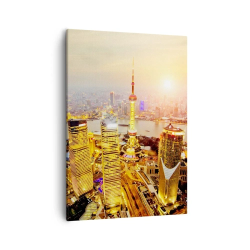 Bild auf Leinwand - Leinwandbild - Stadtpanorama mit Wolkenkratzern bei Sonnenuntergang - 50x70cm - Asiatischer Traum - Moderne Wanddekoration für Wohnzimmer und Schlafzimmer ARTTOR