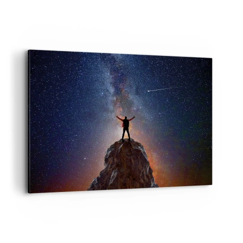 Bild auf Leinwand - Leinwandbild - Eine Figur auf einem Berggipfel unter einem Sternenhimmel - 100x70cm - Die Macht ist mit mir! - Moderne Wanddekoration für Wohnzimmer und Schlafzimmer ARTTOR