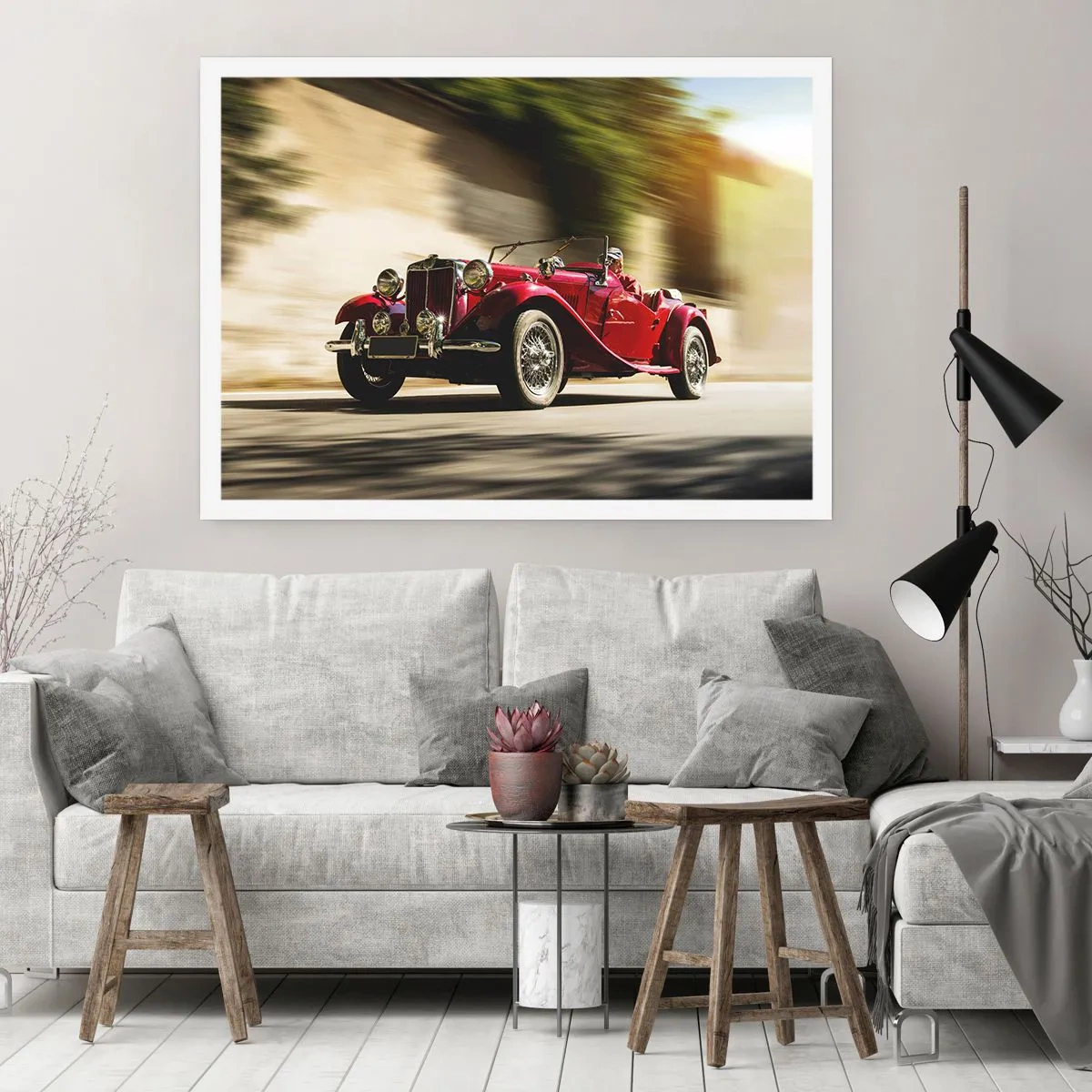 Poster - Roter Oldtimer in Bewegung auf einer sonnigen Straße - 100x70cm - Schöner als Nike von Samothrake - Moderne Wanddekoration für Wohnzimmer und Schlafzimmer ARTTOR