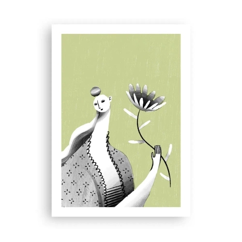 Poster - Minimalistische Frau hält eine Blume auf grünem Hintergrund - 50x70cm - Modernistisches Porträt – eine Blume haltend - Moderne Wanddekoration für Wohnzimmer und Schlafzimmer ARTTOR