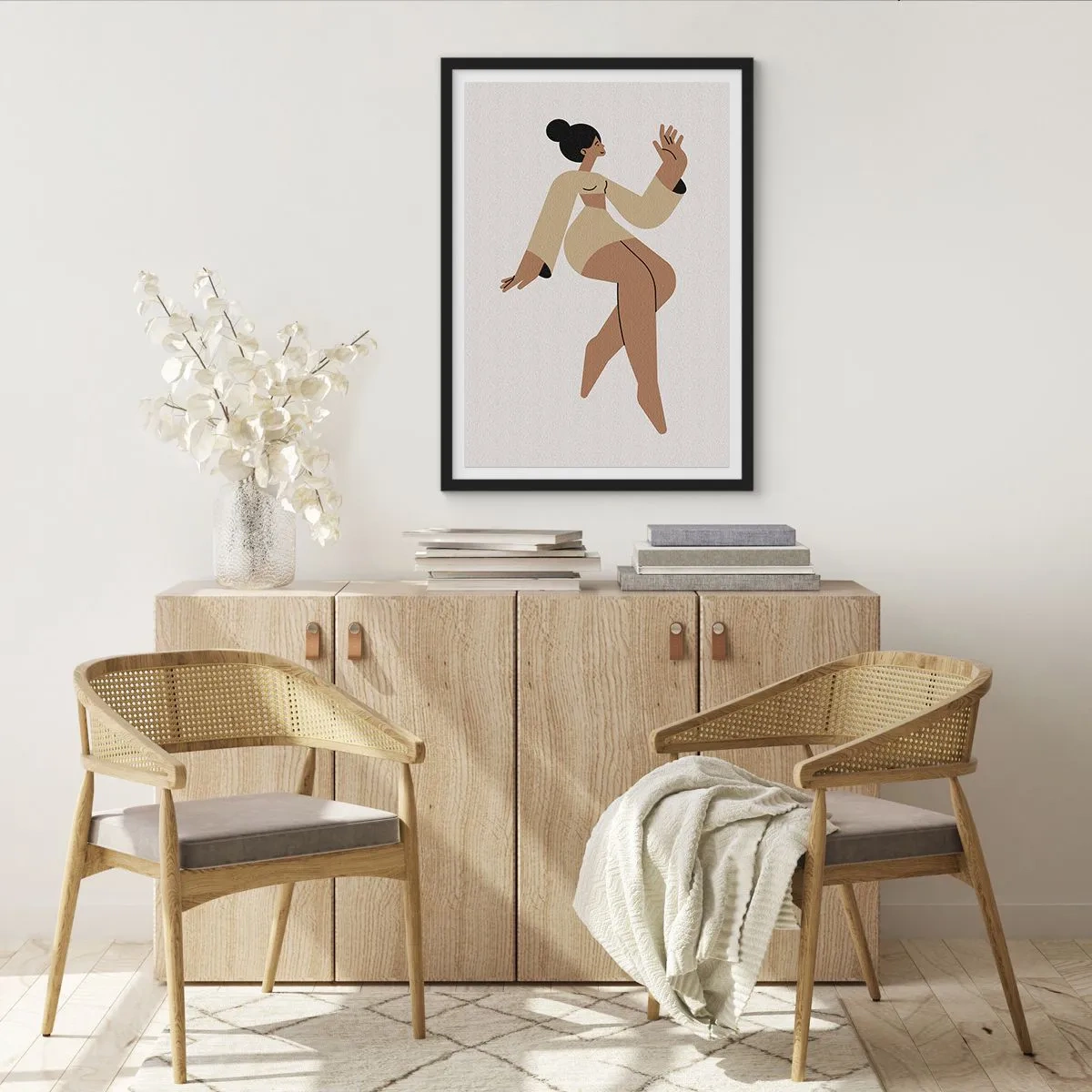 Poster in einem schwarzem Rahmen - Eine minimalistische Illustration einer weiblichen Figur in Bewegung. - 50x70cm - Eine anmutige Form - Moderne Wanddekoration für Wohnzimmer und Schlafzimmer ARTTOR