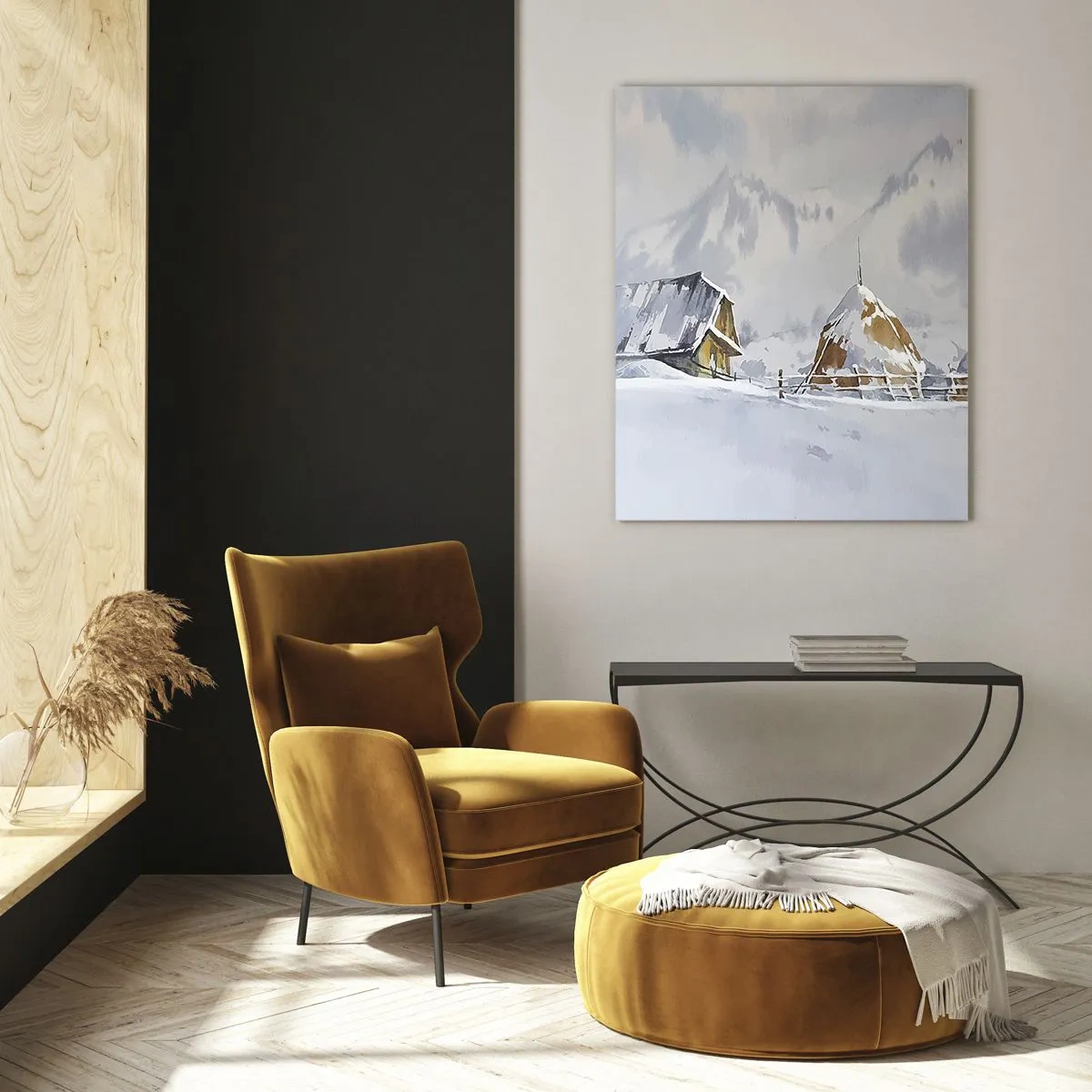 Glasbild - Bild auf glas - Winterlandschaft mit Hütte und Heuhaufen in den Bergen - 70x100cm - In einem verschneiten Talkessel - Moderne Wanddekoration für Wohnzimmer und Schlafzimmer ARTTOR