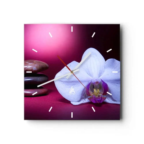 Wanduhr - Glasuhr - Weiße Orchidee und Steine auf rosa Hintergrund - 30x30cm - Eine Studie der Frische in Lila - Moderne Wanddekoration für Wohnzimmer und Schlafzimmer ARTTOR