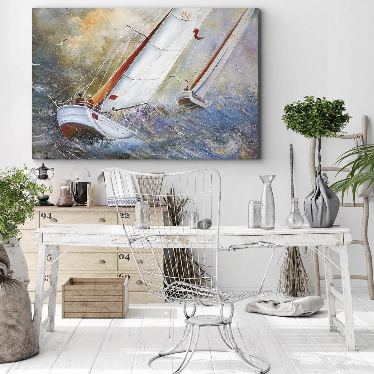 Bild auf Leinwand - Leinwandbild - Segelboote auf rauen Wellen in einer dynamischen Komposition - 120x80cm - Durch die Wellen laufend - Moderne Wanddekoration für Wohnzimmer und Schlafzimmer ARTTOR