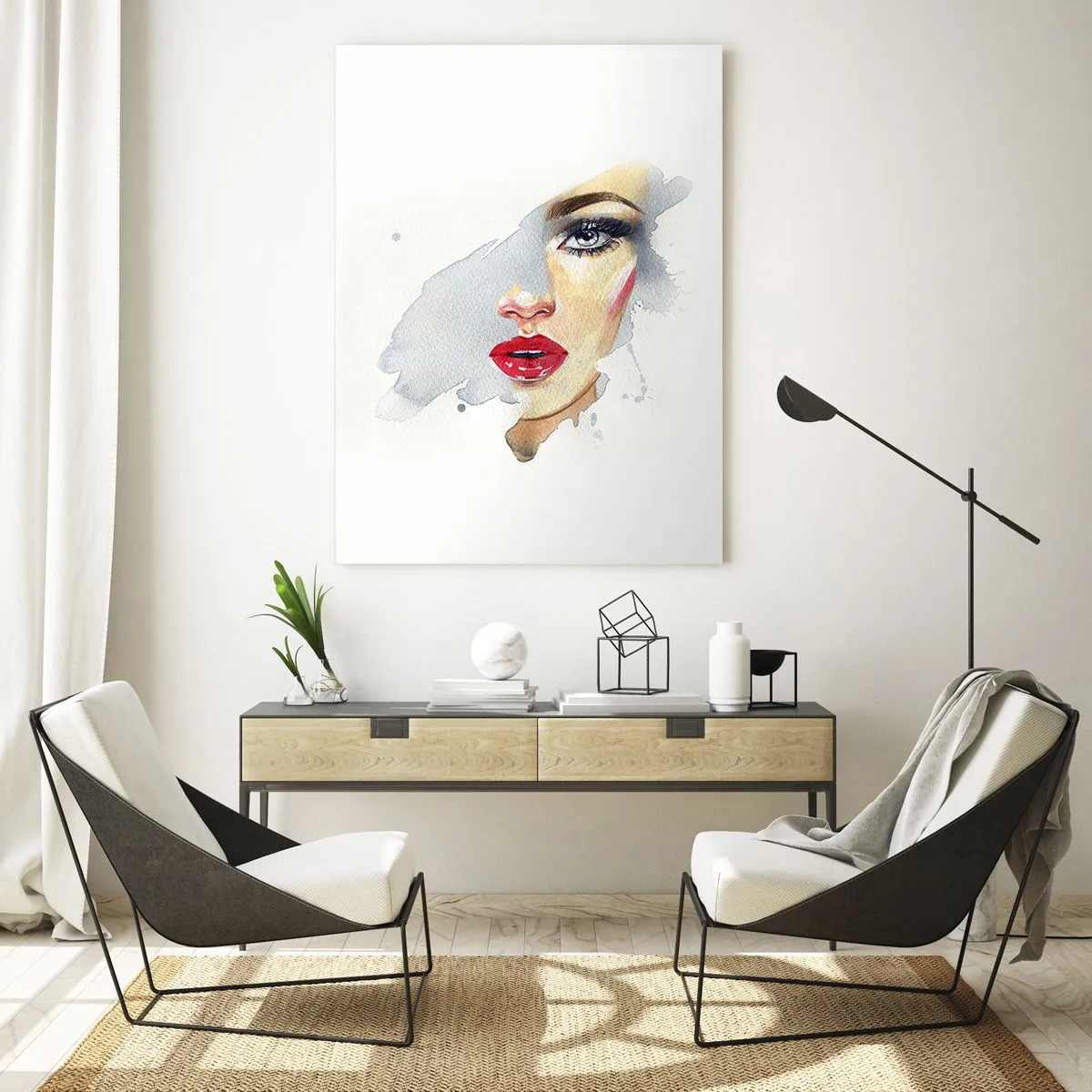 Glasbild - Bild auf glas - Ein Aquarellporträt einer Frau mit intensivem Blick. - 80x120cm - Abspiegeln in einem Wassertropfen - Moderne Wanddekoration für Wohnzimmer und Schlafzimmer ARTTOR
