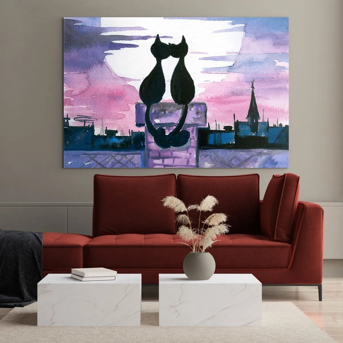 Glasbild - Bild auf glas - Silhouetten von zwei Katzen vor der untergehenden Sonne - 120x80cm - Rendez-vous unter dem Mond - Moderne Wanddekoration für Wohnzimmer und Schlafzimmer ARTTOR