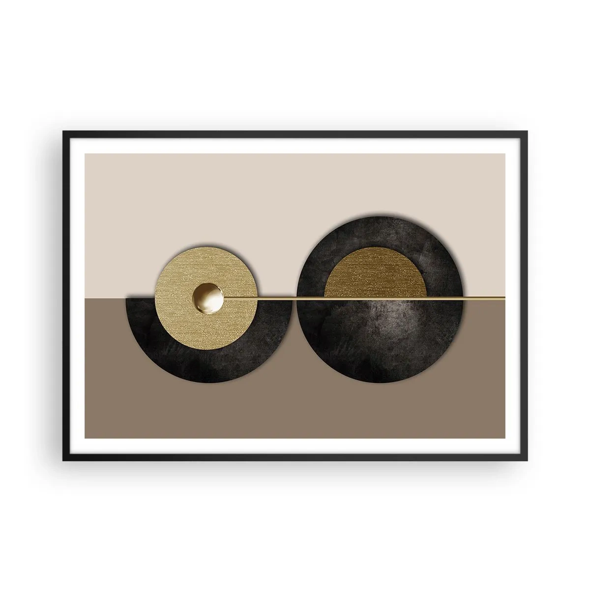 Poster in einem schwarzem Rahmen - Abstrakte Kreise in Gold- und Brauntönen - 100x70cm - Variationen rund um den Kreis - Moderne Wanddekoration für Wohnzimmer und Schlafzimmer ARTTOR