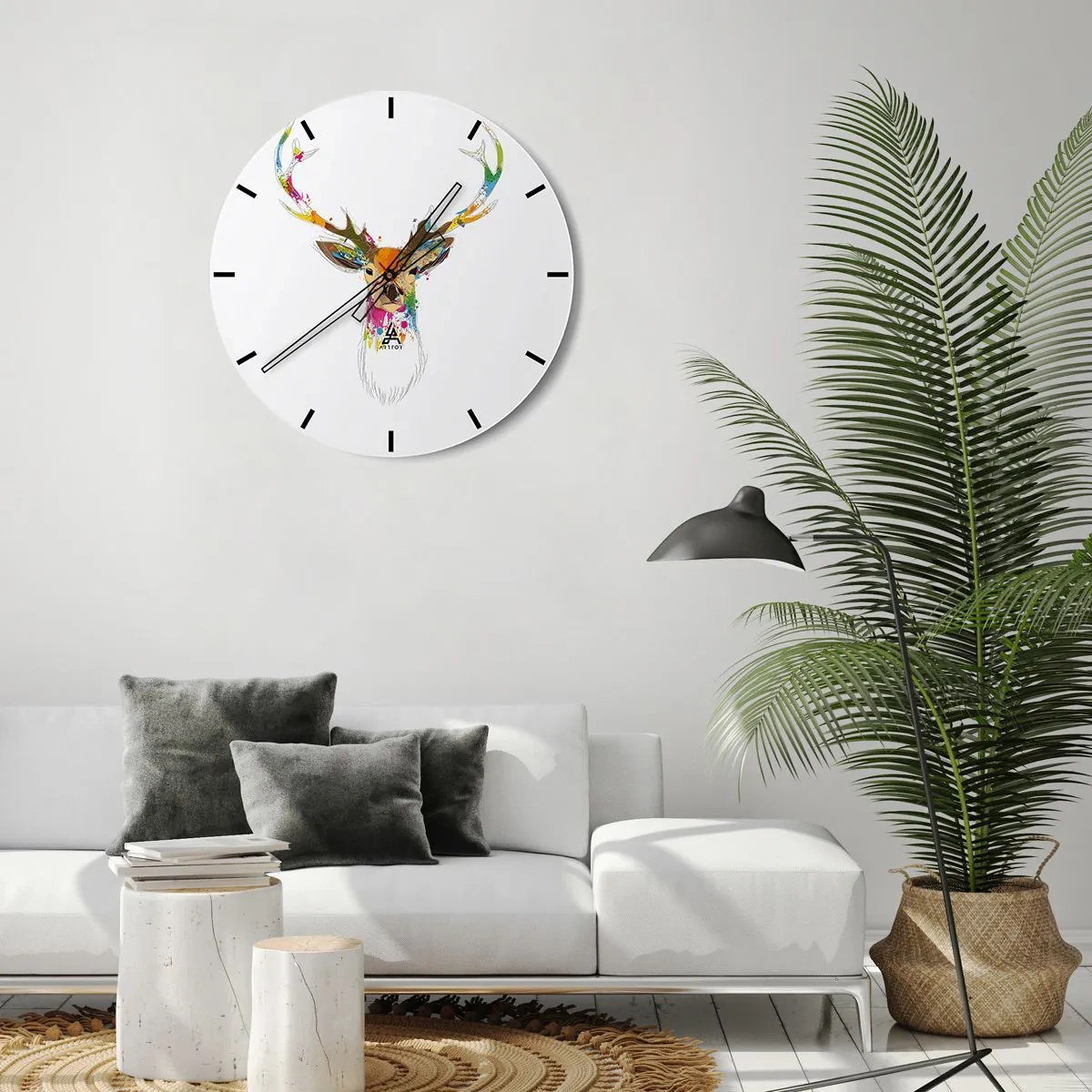 Wanduhr - Glasuhr - Künstlerischer Hirschkopf mit bunten Akzenten - 30x30cm - Ein mildes Reh in Farbe getaucht - Moderne Wanddekoration für Wohnzimmer, Küche und Schlafzimmer ARTTOR