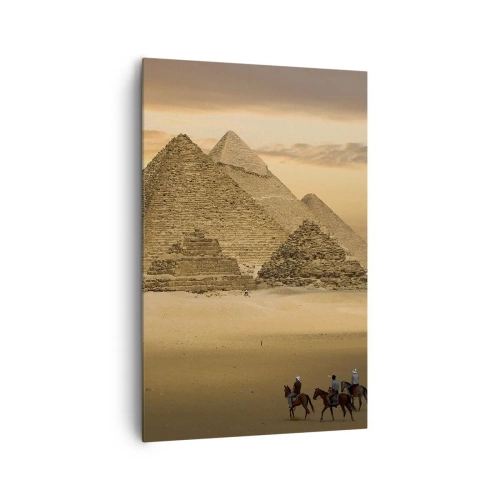 Bild auf Leinwand - Leinwandbild - Pyramiden in Ägypten bei Sonnenuntergang mit Reitern auf Pferden - 80x120cm - Seit Tausenden von Jahren keine Veränderung - Moderne Wanddekoration für Wohnzimmer und Schlafzimmer ARTTOR
