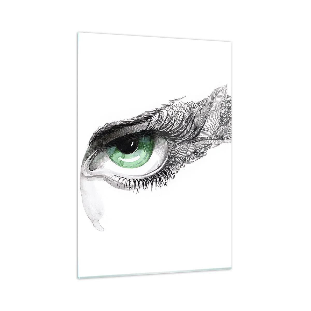 Glasbild - Bild auf glas - Grünes Auge mit Federdetails und abstrakten Mustern - 50x70cm - Schön und bereit zum Angriff - Moderne Wanddekoration für Wohnzimmer und Schlafzimmer ARTTOR