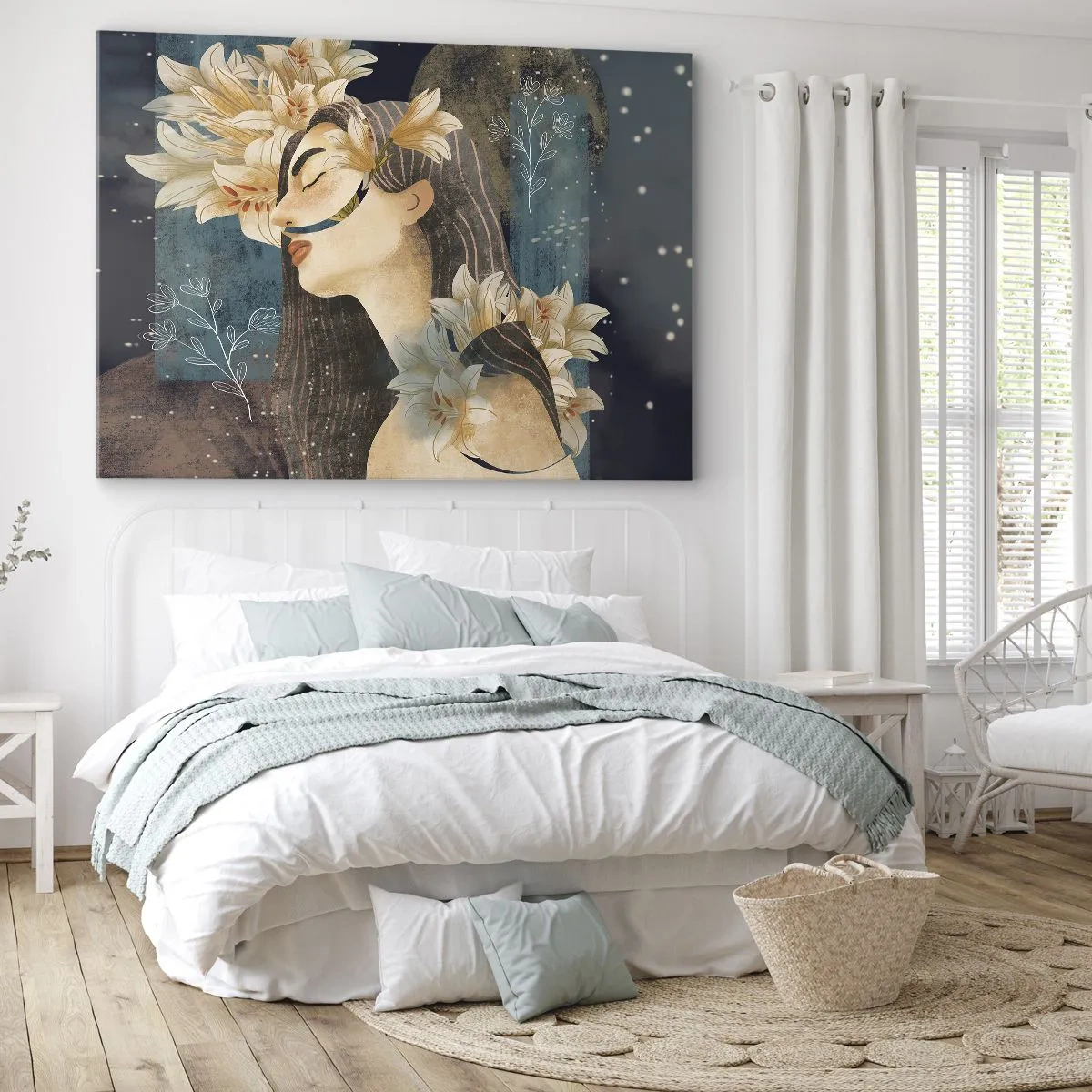 Bild auf Leinwand - Leinwandbild - Porträt einer Frau mit Blumen im künstlerischen Stil auf dunklem Hintergrund - 100x70cm - Ein Märchen über eine Prinzessin mit Lilien - Moderne Wanddekoration für Wohnzimmer und Schlafzimmer ARTTOR