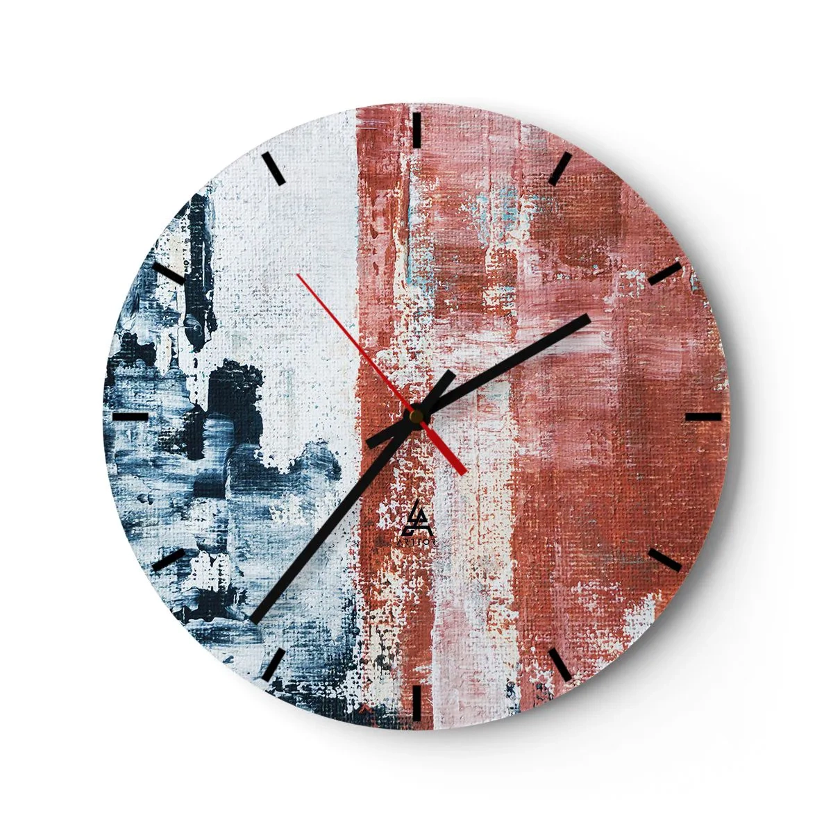 Wanduhr - Glasuhr - Abstrakte Komposition in Blau- und Rottönen - 30x30cm - Fünfzig-Fünfzig abstrakt - Moderne Wanddekoration für Wohnzimmer, Küche und Schlafzimmer ARTTOR