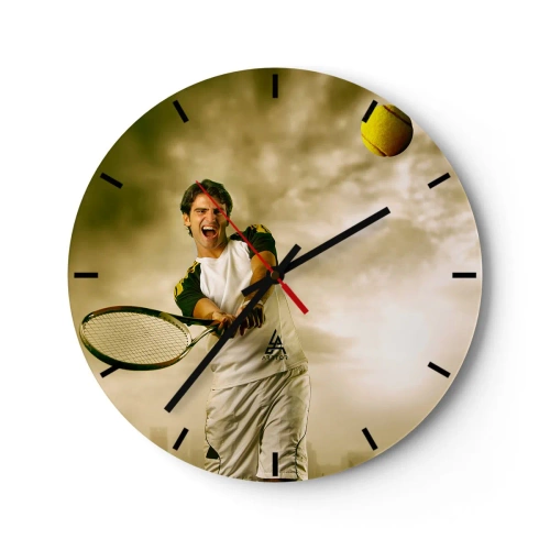 Wanduhr - Glasuhr - Ein Tennisspieler schlägt den Ball vor einem goldenen Himmel - 30x30cm - Energie und Freude - Moderne Wanddekoration für Wohnzimmer, Küche und Schlafzimmer ARTTOR