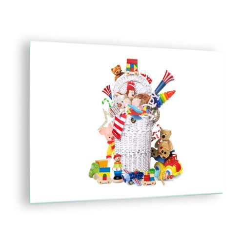 Glasbild - Bild auf glas - Ein Korb voller bunter Spielsachen auf weißem Hintergrund - 70x50cm - Schätze für Kleinkinder - Moderne Wanddekoration für Wohnzimmer und Schlafzimmer ARTTOR