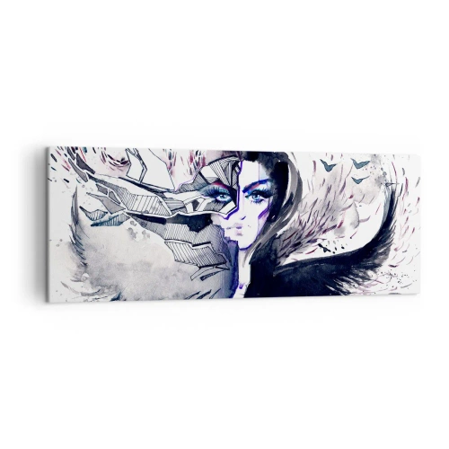 Bild auf Leinwand - Leinwandbild - Abstraktes Gesicht mit kontrastierenden Elementen und einem Flügelmotiv - 140x50cm - Dämonisch und schön - Moderne Wanddekoration für Wohnzimmer und Schlafzimmer ARTTOR