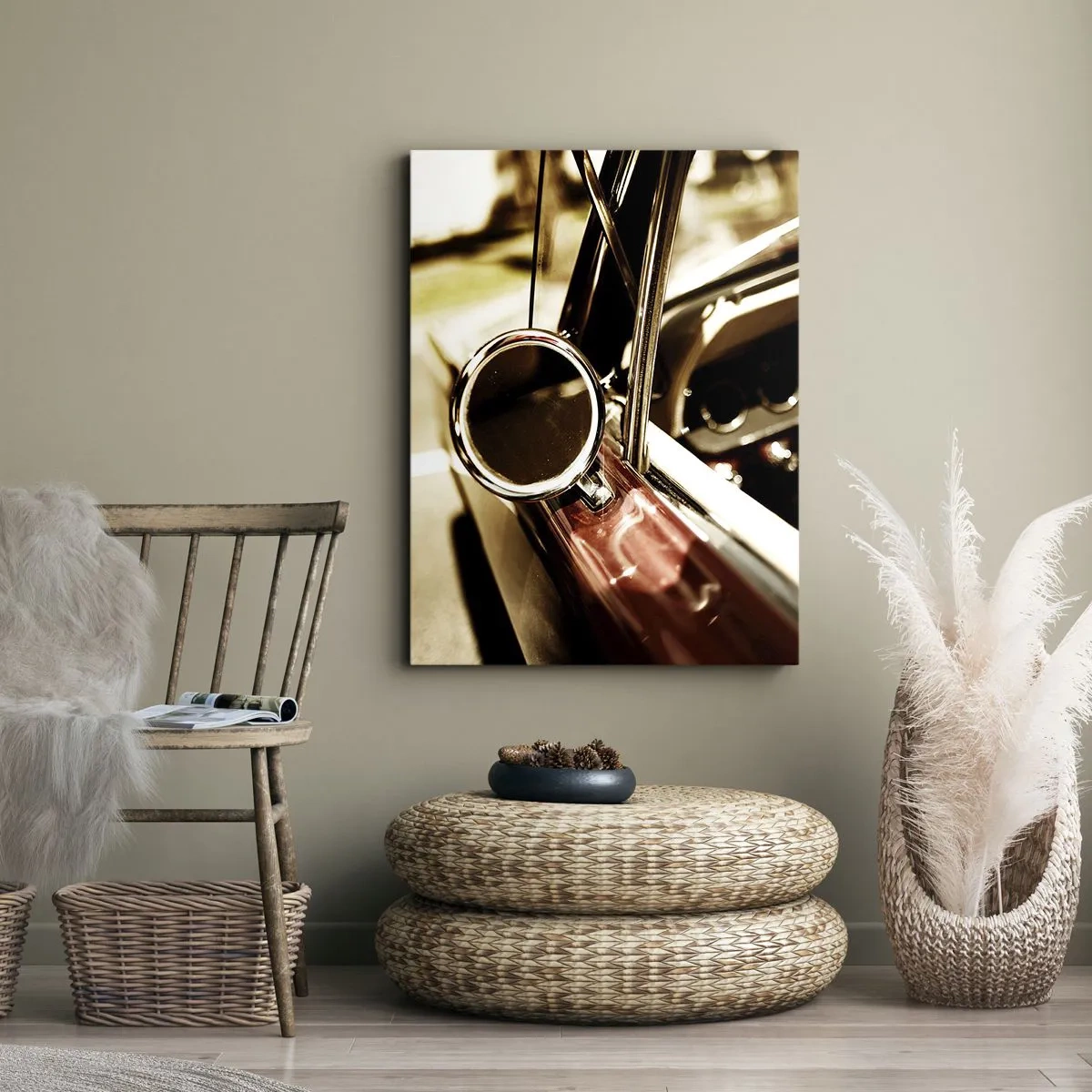 Bild auf Leinwand - Leinwandbild - Nahaufnahme des Spiegels und des Innenraums eines klassischen Retro-Autos - 50x70cm - Ein Auto mit Seele - Moderne Wanddekoration für Wohnzimmer und Schlafzimmer ARTTOR