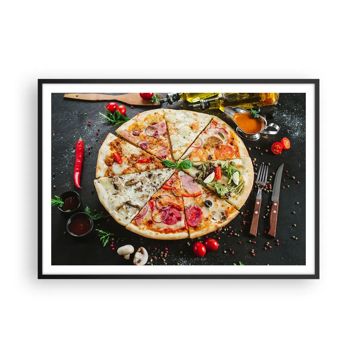 Poster in einem schwarzem Rahmen - Pizza in verschiedenen Geschmacksrichtungen mit verschiedenen Belägen - 100x70cm - Eine Reihe von Geschmacksrichtungen - Moderne Wanddekoration für Wohnzimmer und Schlafzimmer ARTTOR