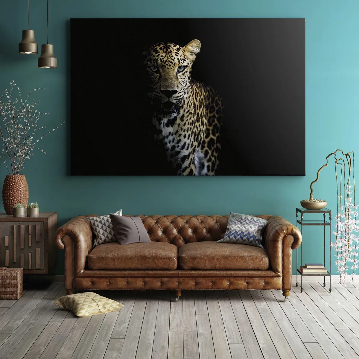 Bild auf Leinwand - Leinwandbild - Ein Leopard auf dunklem Hintergrund mit intensivem Blick - 70x50cm - Dunkle Schönheit - Moderne Wanddekoration für Wohnzimmer und Schlafzimmer ARTTOR