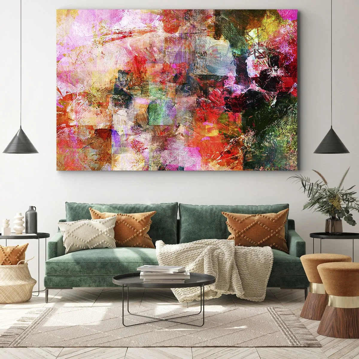 Bild auf Leinwand - Leinwandbild - Eine abstrakte Komposition mit dominanten Rosa- und Rottönen. - 70x50cm - Eine Reise durch die Rosen - Moderne Wanddekoration für Wohnzimmer und Schlafzimmer ARTTOR