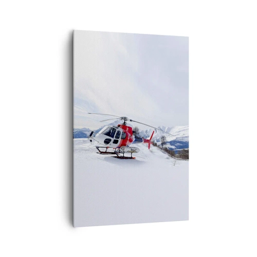 Bild auf Leinwand - Leinwandbild - Ein roter Hubschrauber vor einer verschneiten Berglandschaft. - 80x120cm - Immer bereit - Moderne Wanddekoration für Wohnzimmer und Schlafzimmer ARTTOR