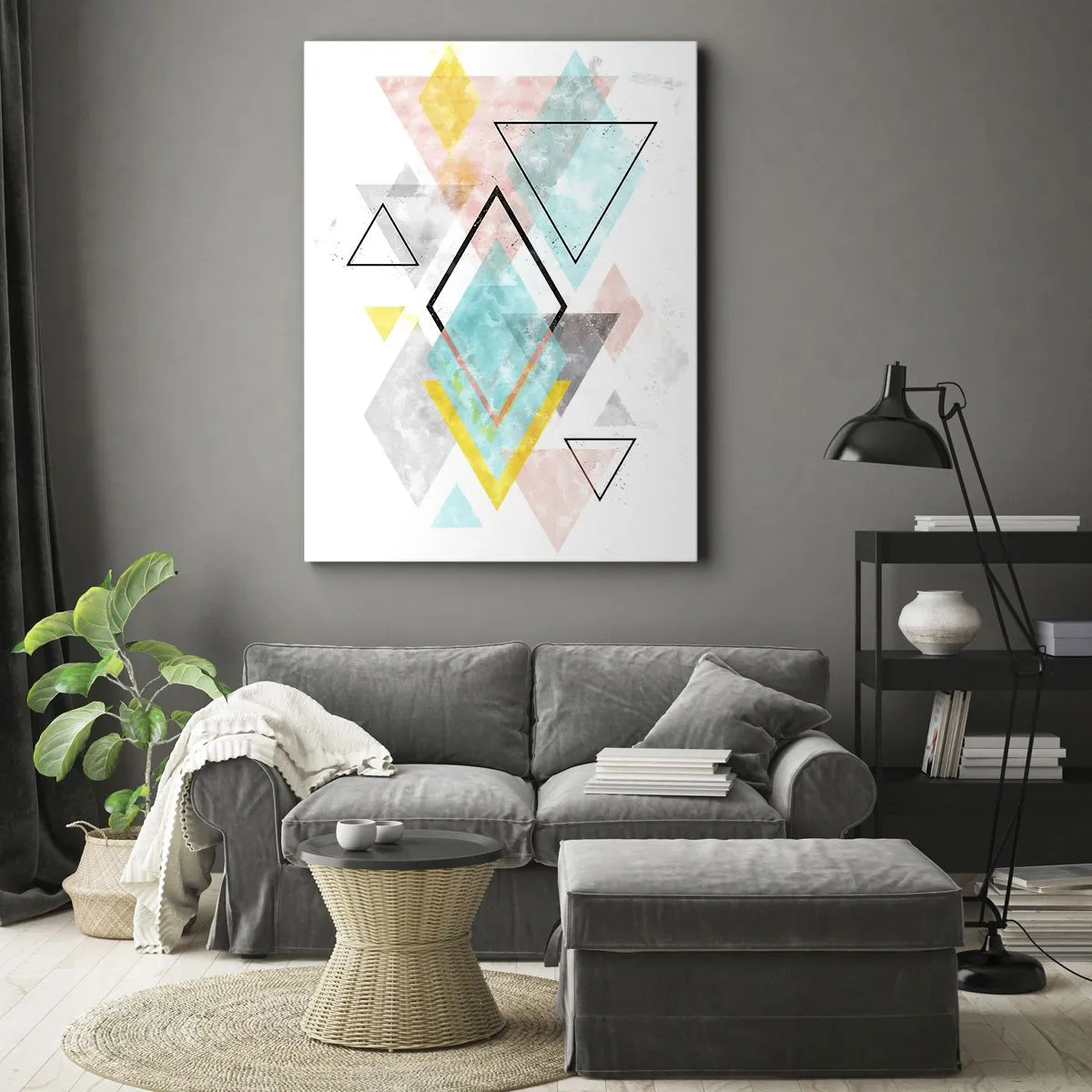 Bild auf Leinwand - Leinwandbild - Bunte geometrische Muster auf weißem Hintergrund - 80x120cm - Geometrisches Spiel - Moderne Wanddekoration für Wohnzimmer und Schlafzimmer ARTTOR