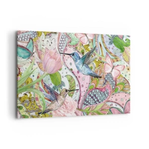 Bild auf Leinwand - Leinwandbild - Bunte Kolibris und Schmetterlinge zwischen den Pflanzen - 100x70cm - Verstrickt in Weinreben - Moderne Wanddekoration für Wohnzimmer und Schlafzimmer ARTTOR