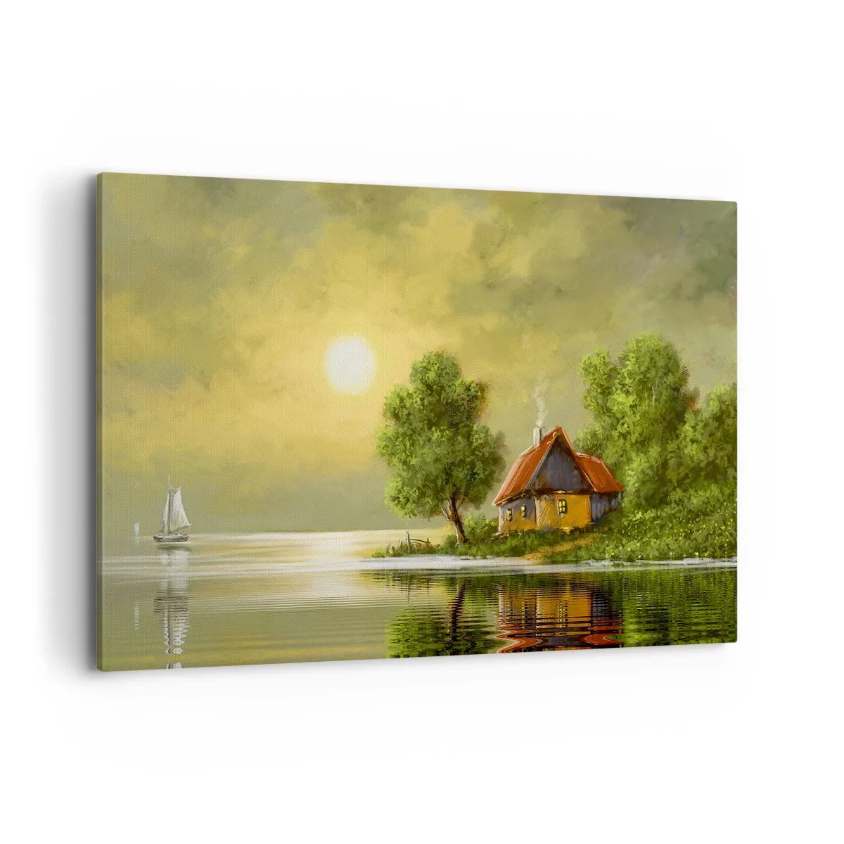 Bild auf Leinwand - Leinwandbild - Seehaus im Abendlicht - 120x80cm - Schön, wie ein Bild - Moderne Wanddekoration für Wohnzimmer und Schlafzimmer ARTTOR
