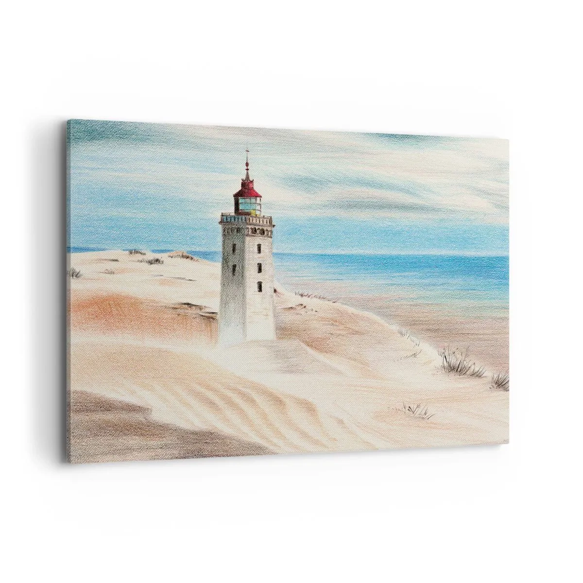 Bild auf Leinwand - Leinwandbild - Ein Leuchtturm, umgeben von Sanddünen und blauem Himmel - 120x80cm - Immer aufs Meer starrend - Moderne Wanddekoration für Wohnzimmer und Schlafzimmer ARTTOR