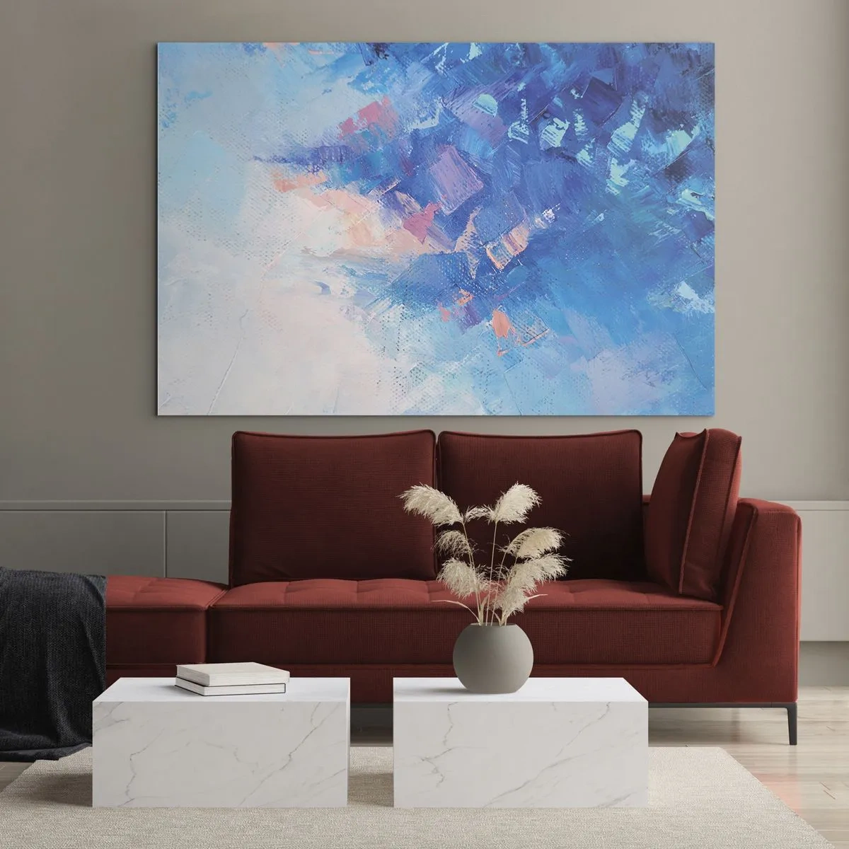 Glasbild - Bild auf glas - Abstrakte Winterlandschaft mit kühlen Blau- und zarten Rosatönen - 100x70cm - Winter-Abstraktion - Moderne Wanddekoration für Wohnzimmer und Schlafzimmer ARTTOR