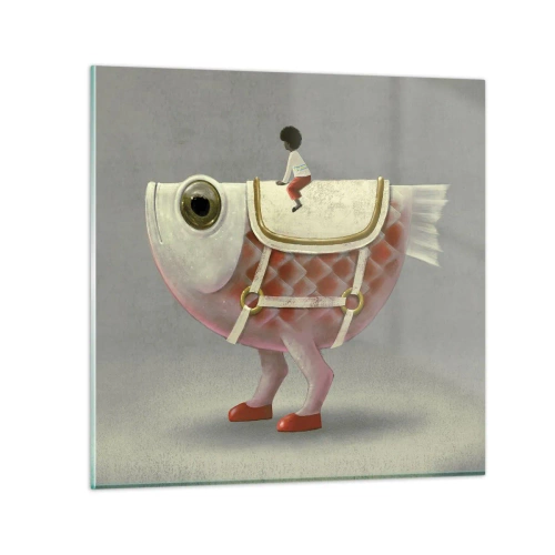 Glasbild - Bild auf glas - Reiter auf einem surrealen Fisch - 30x30 cm