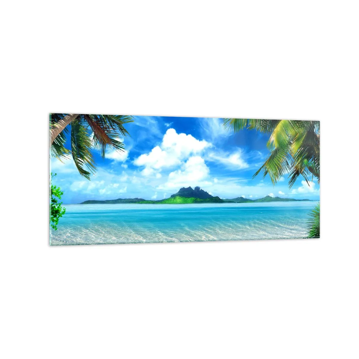Glasbild - Bild auf glas - Tropischer Strand mit Palmen und Blick auf die Insel - 120x50cm - Das Azurblau der Tropen - Moderne Wanddekoration für Wohnzimmer und Schlafzimmer ARTTOR