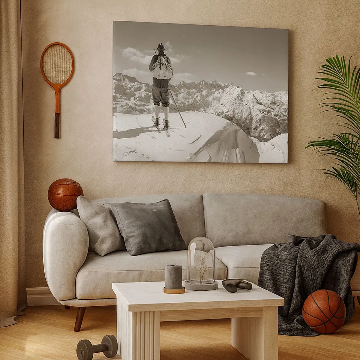 Bild auf Leinwand - Leinwandbild - Ein Skifahrer auf einem Berggipfel in Schwarz und Weiß - 70x50cm - Und die Berge bleiben unverändert - Moderne Wanddekoration für Wohnzimmer und Schlafzimmer ARTTOR