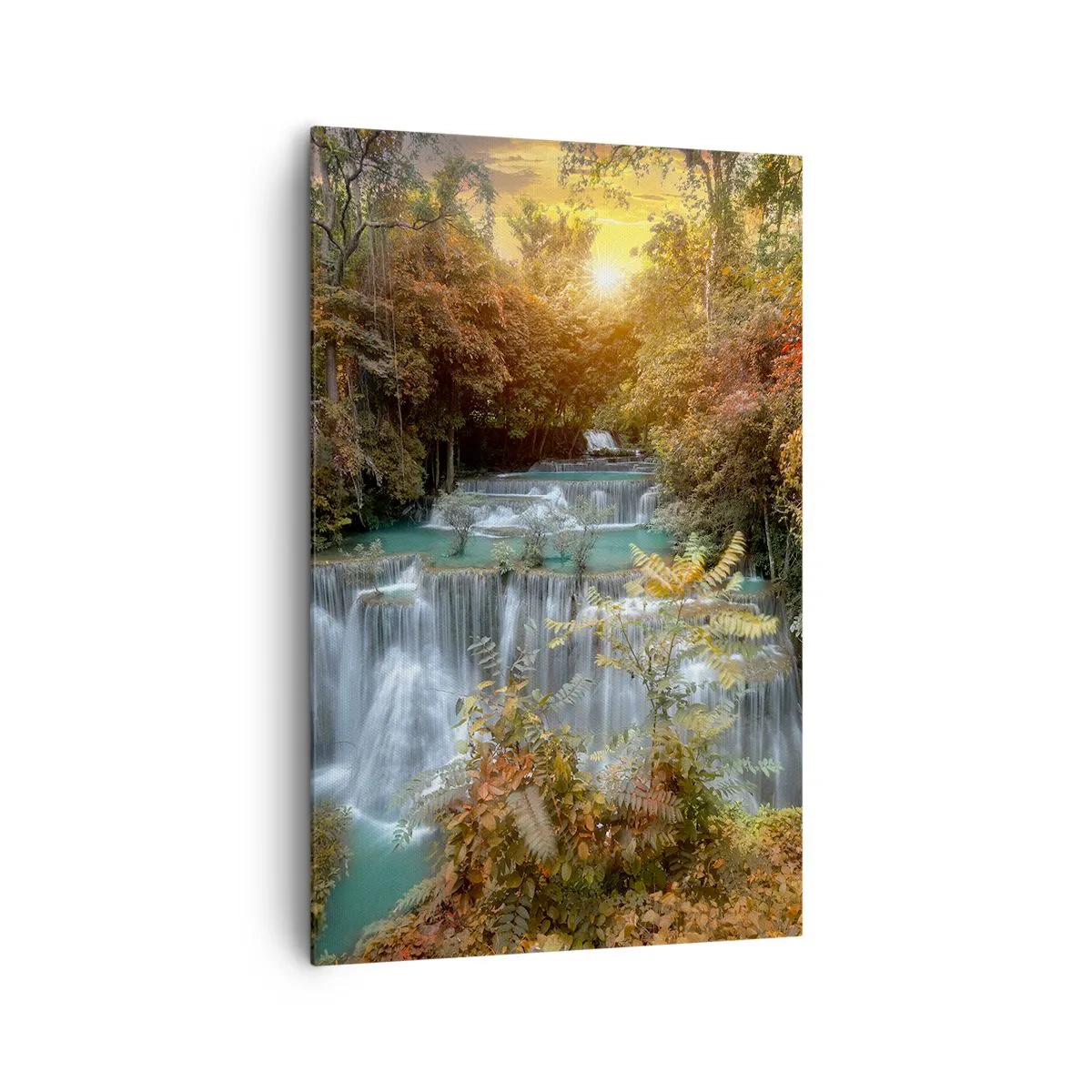 Bild auf Leinwand - Leinwandbild - Herbstlicher Wasserfall, umgeben von bunten Bäumen im Sonnenlicht - 80x120cm - Versteckter Schatz des Waldes - Moderne Wanddekoration für Wohnzimmer und Schlafzimmer ARTTOR