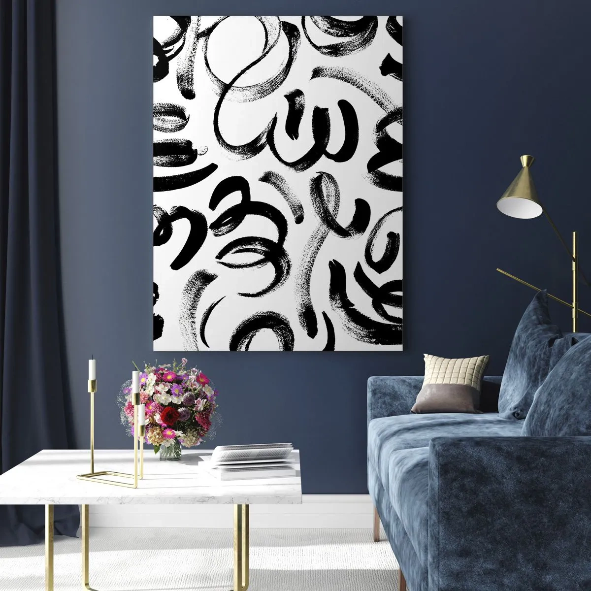 Glasbild - Bild auf glas - Schwarz-weiße abstrakte Pinselstriche - 50x70cm - Schwarz auf Weiß - Moderne Wanddekoration für Wohnzimmer und Schlafzimmer ARTTOR