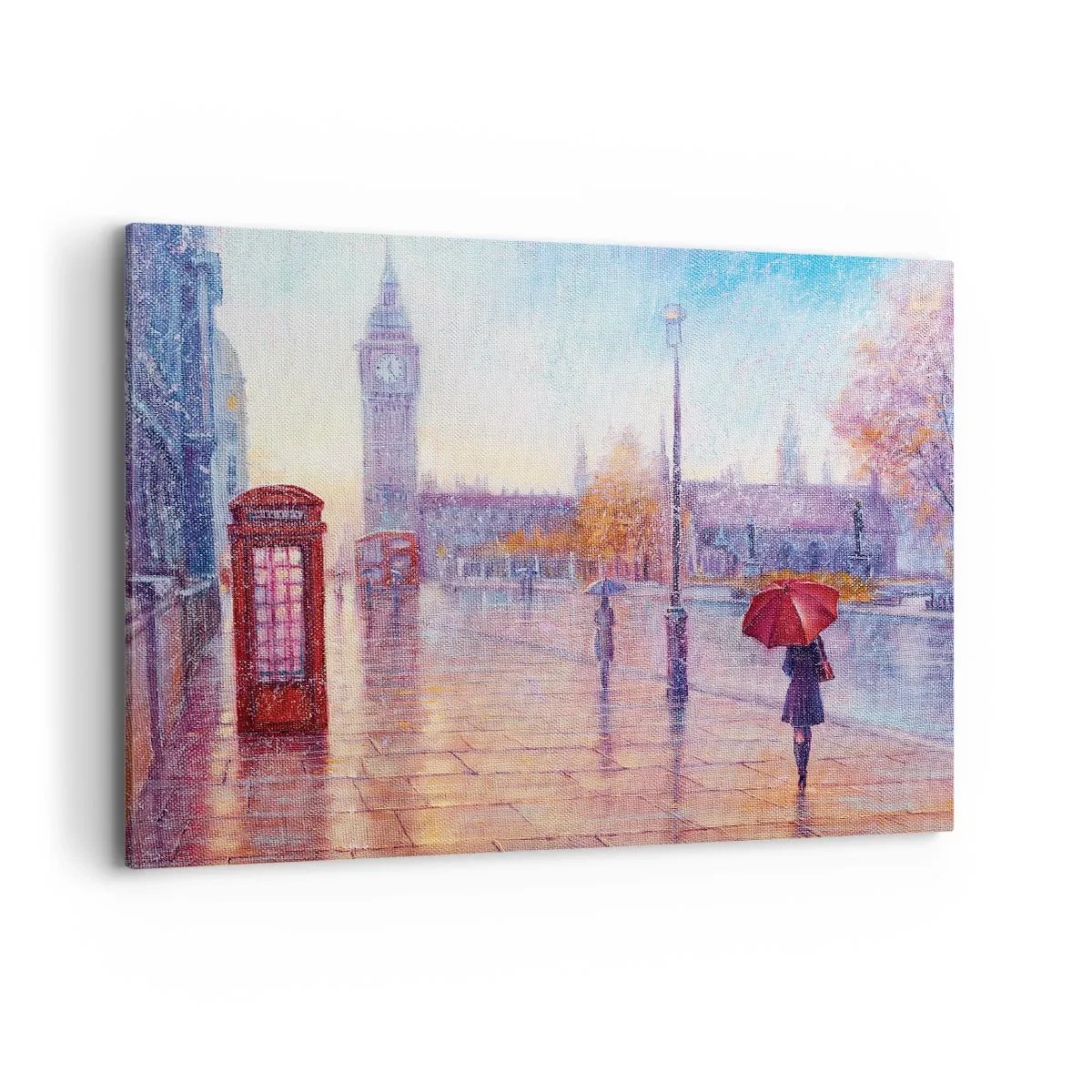 Bild auf Leinwand - Leinwandbild - Londoner Straße mit Big Ben an einem regnerischen Tag - 100x70cm - Londoner Herbsttag - Moderne Wanddekoration für Wohnzimmer und Schlafzimmer ARTTOR