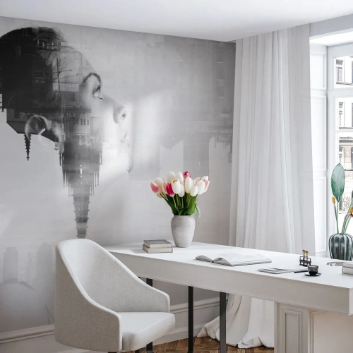 Maßgeschneiderte selbstklebende Fototapete Deluxe Sticker - Auf beiden Seiten des Glases - Abstraktion, Das Gesicht einer Frau, Die Architektur