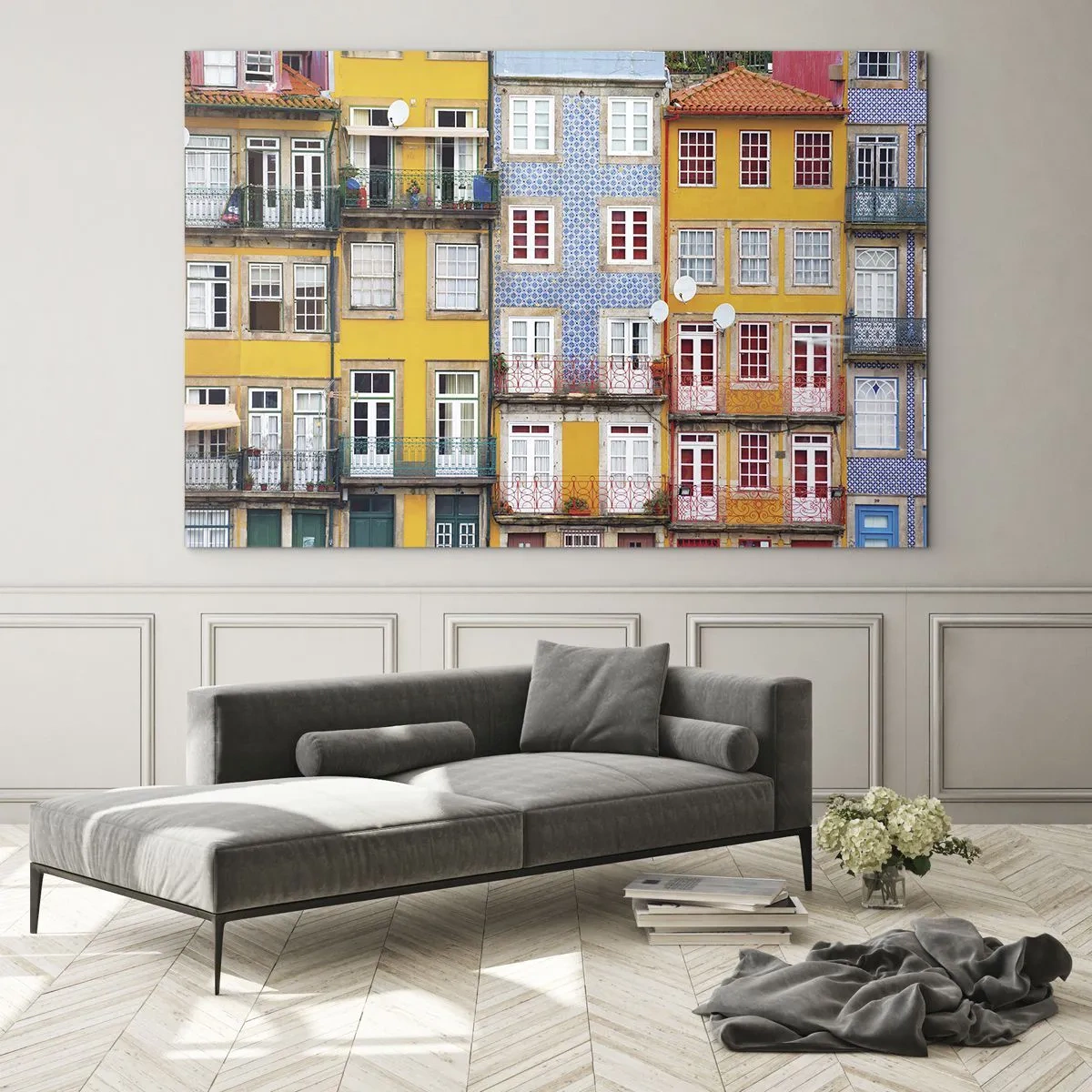 Glasbild - Bild auf glas - Bunte Fassaden von Mietshäusern mit Balkondetails - 100x70cm - Farben der Altstadt - Moderne Wanddekoration für Wohnzimmer und Schlafzimmer ARTTOR