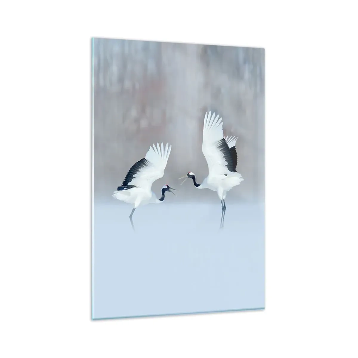 Glasbild - Bild auf glas - Zwei Kraniche tanzen in einer nebligen Landschaft - 80x120cm - Tanz im Nebel - Moderne Wanddekoration für Wohnzimmer und Schlafzimmer ARTTOR