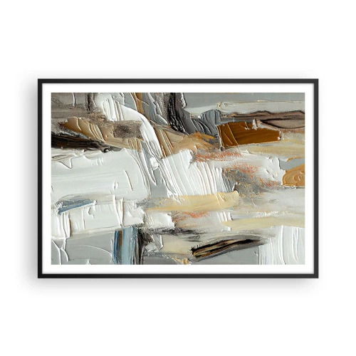 Poster in einem schwarzem Rahmen - Texturale Abstraktion in Erdtönen und Weiß - 100x70cm - Bunte Schichten - Moderne Wanddekoration für Wohnzimmer und Schlafzimmer ARTTOR