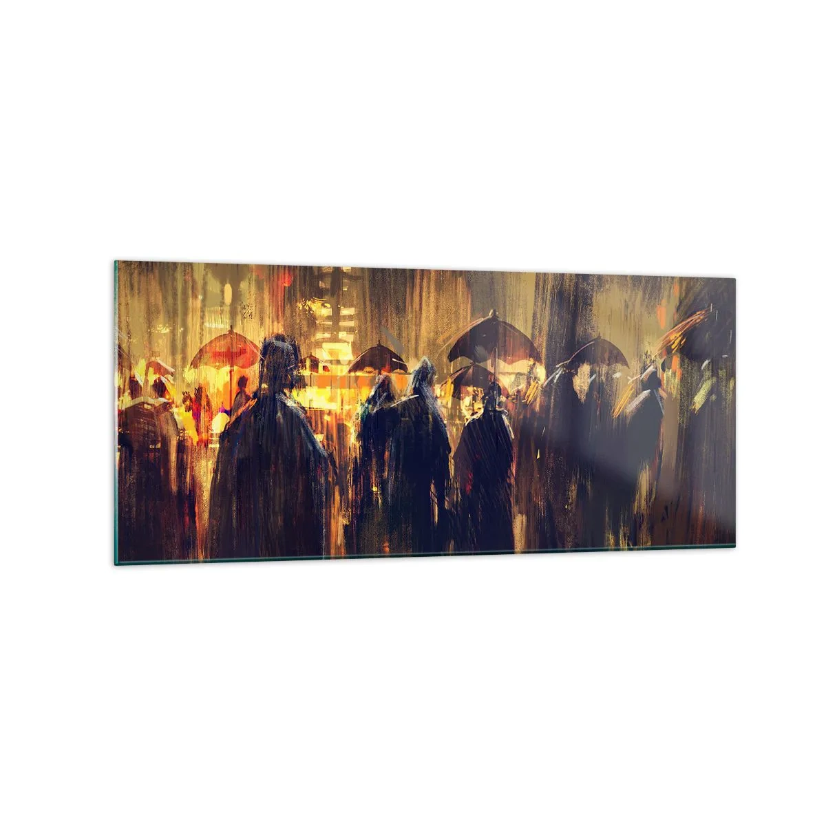 Glasbild - Bild auf glas - Figuren mit Regenschirmen in einer verregneten Stadt bei Nacht - 120x50cm - Anhänger des Regens - Moderne Wanddekoration für Wohnzimmer und Schlafzimmer ARTTOR