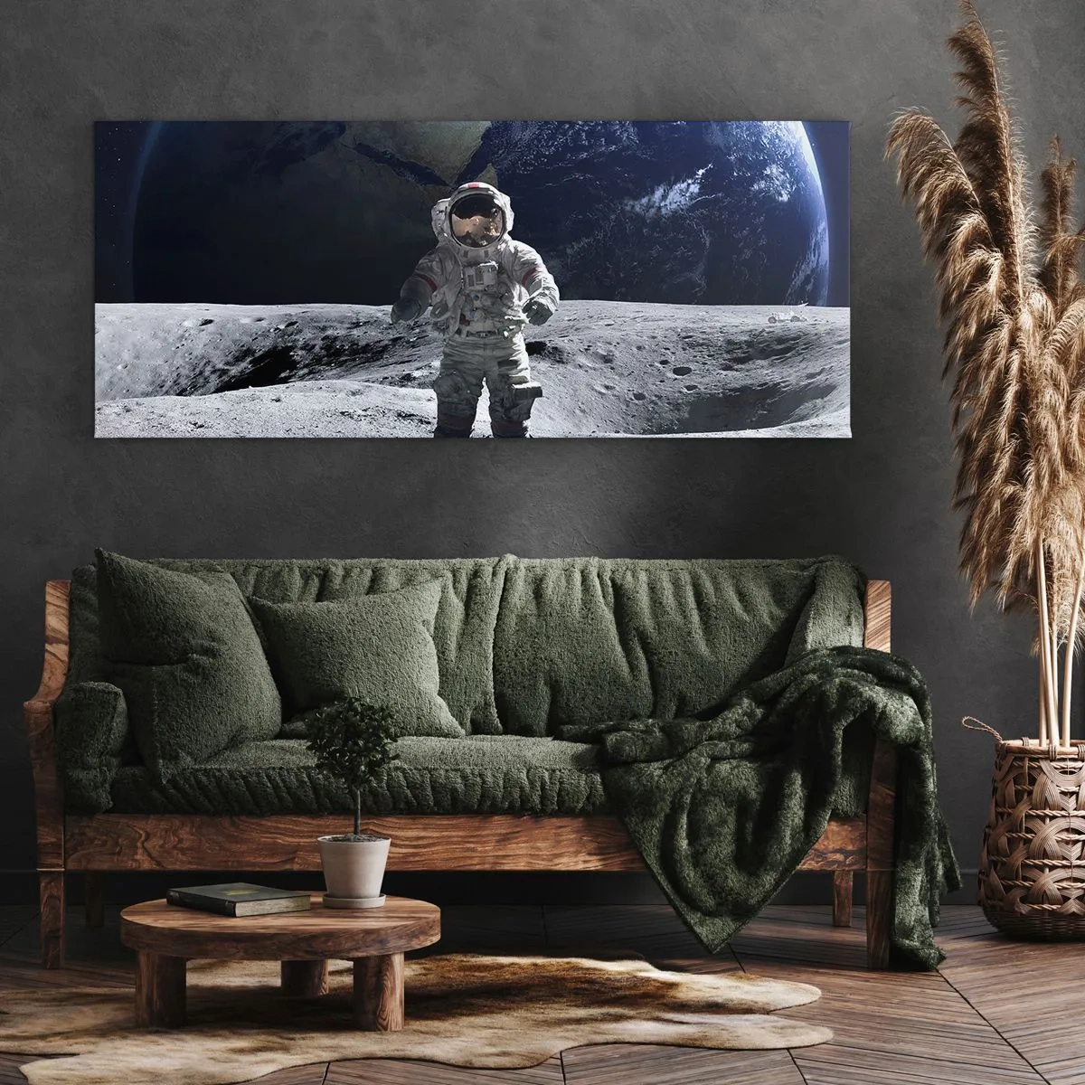 Bild auf Leinwand - Leinwandbild - Astronaut auf der Mondoberfläche mit der Erde im Hintergrund - 160x50cm - Grüße vom Mond - Moderne Wanddekoration für Wohnzimmer und Schlafzimmer ARTTOR