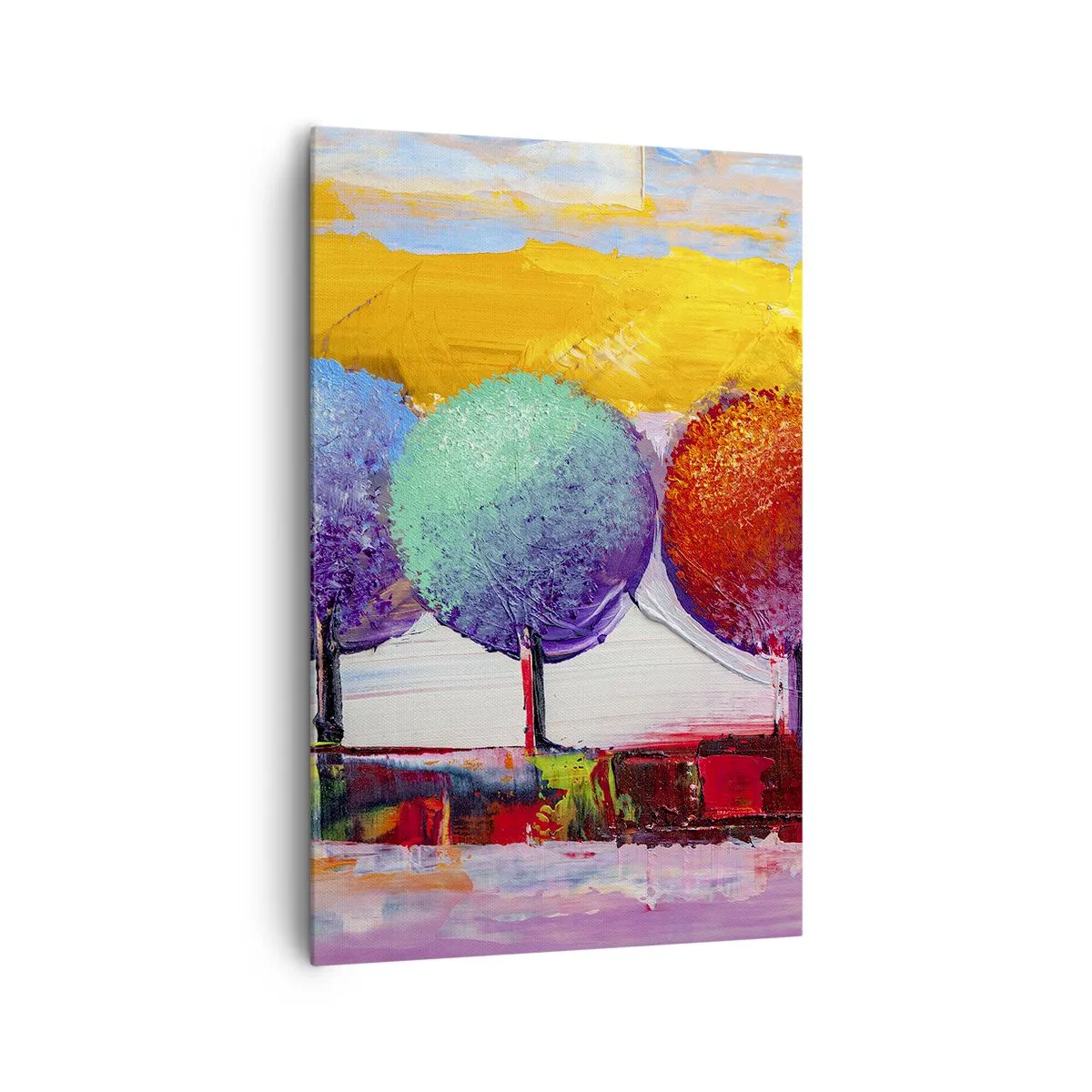 Bild auf Leinwand - Leinwandbild - Drei bunte Bäume auf abstraktem Hintergrund - 80x120cm - Aller guten Dinge sind drei - Moderne Wanddekoration für Wohnzimmer und Schlafzimmer ARTTOR