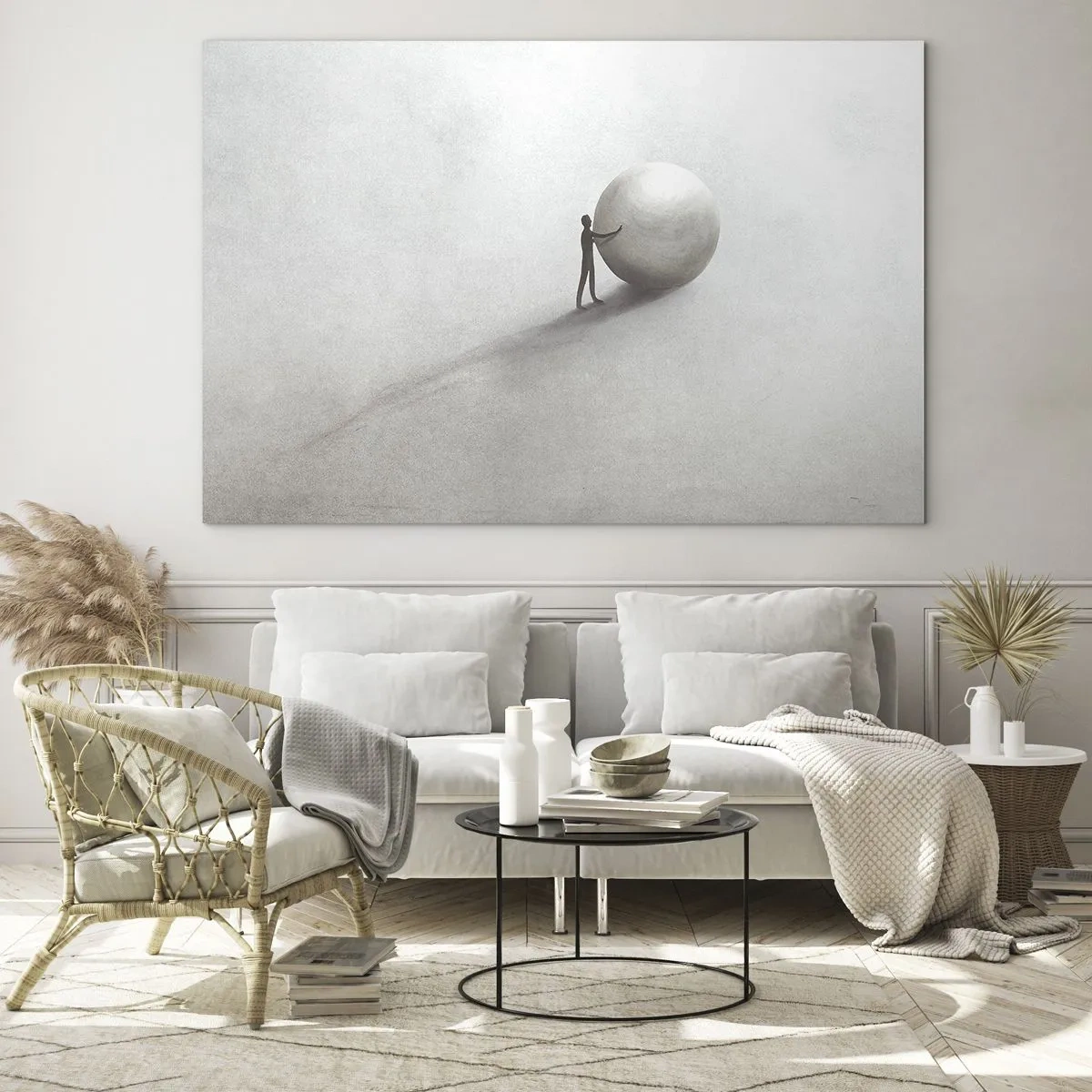 Glasbild - Bild auf glas - Eine minimalistische Silhouette eines Mannes mit einem großen Ball auf hellem Hintergrund. - 70x50cm - Das Spiel des Lebens - Moderne Wanddekoration für Wohnzimmer und Schlafzimmer ARTTOR