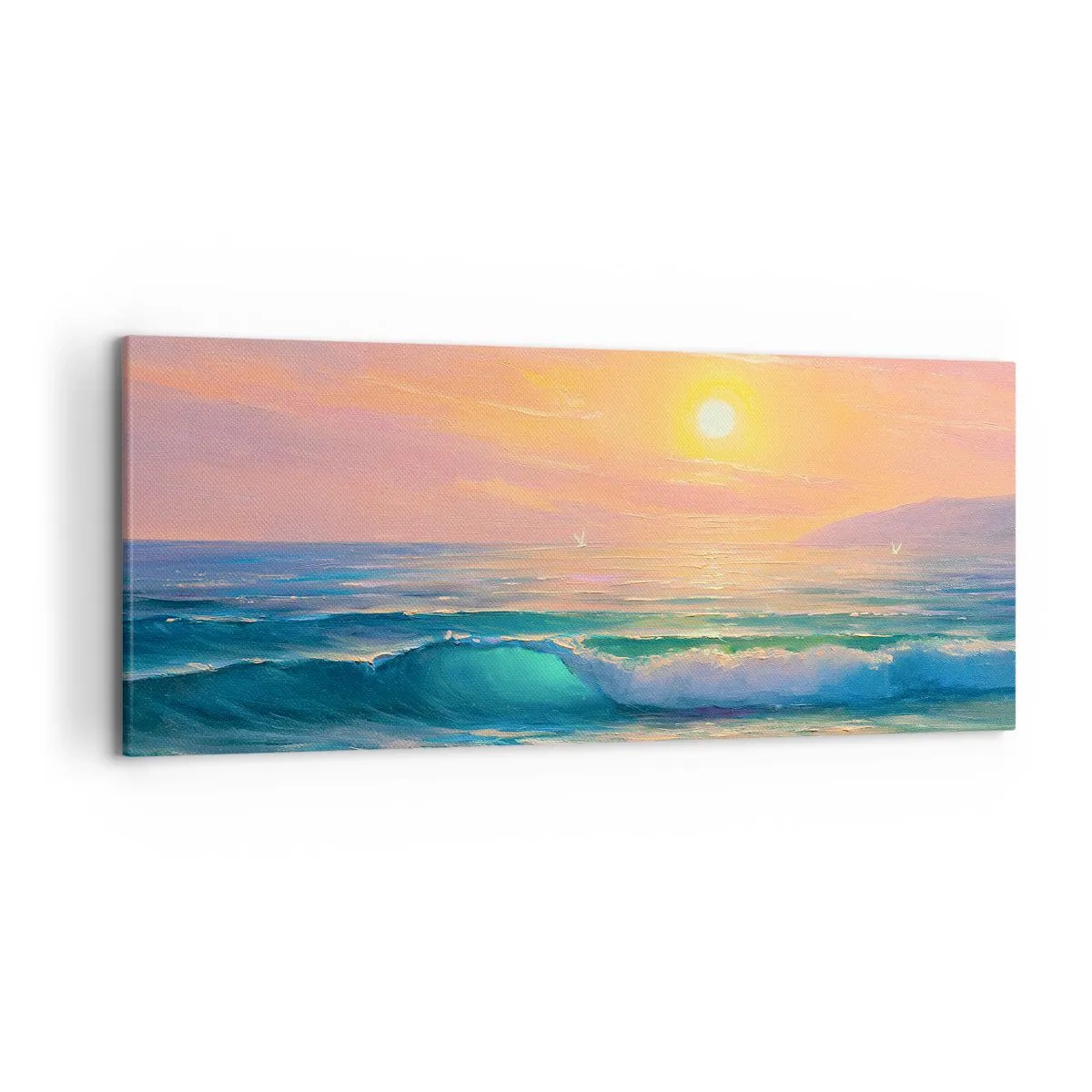 Bild auf Leinwand - Leinwandbild - Meereslandschaft mit Sonnenuntergang - 120x50cm - Ein türkisfarbenes Lied der Wellen - Moderne Wanddekoration für Wohnzimmer und Schlafzimmer ARTTOR