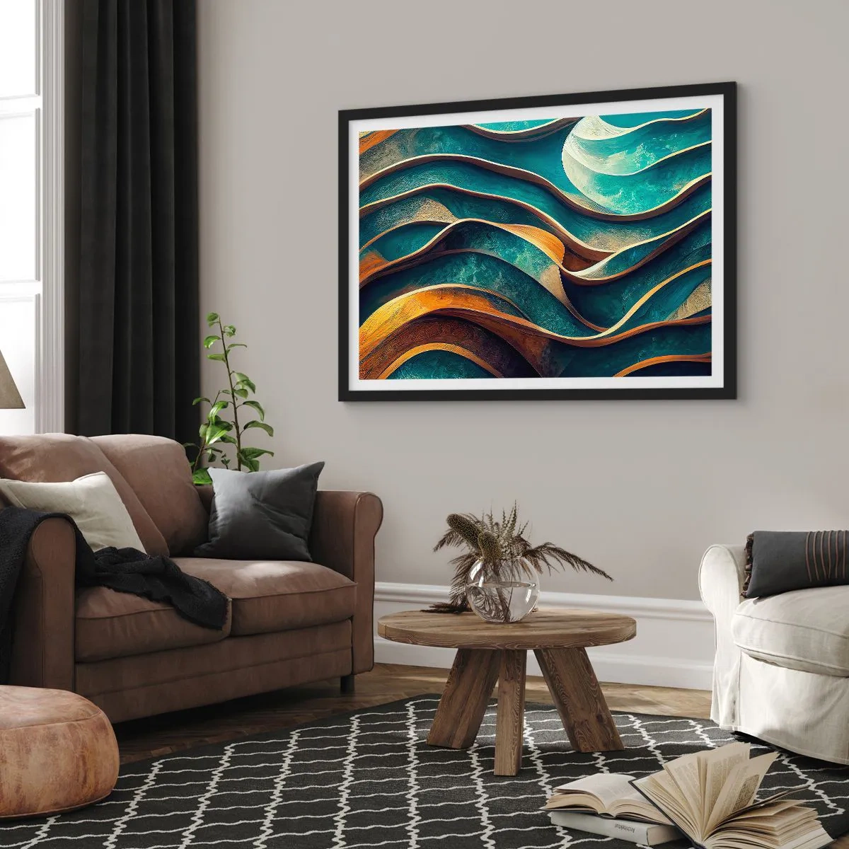 Poster in einem schwarzem Rahmen - Abstrakte Wellen in Türkis- und Goldtönen - 70x50cm - Blaue Mäander - Moderne Wanddekoration für Wohnzimmer und Schlafzimmer ARTTOR
