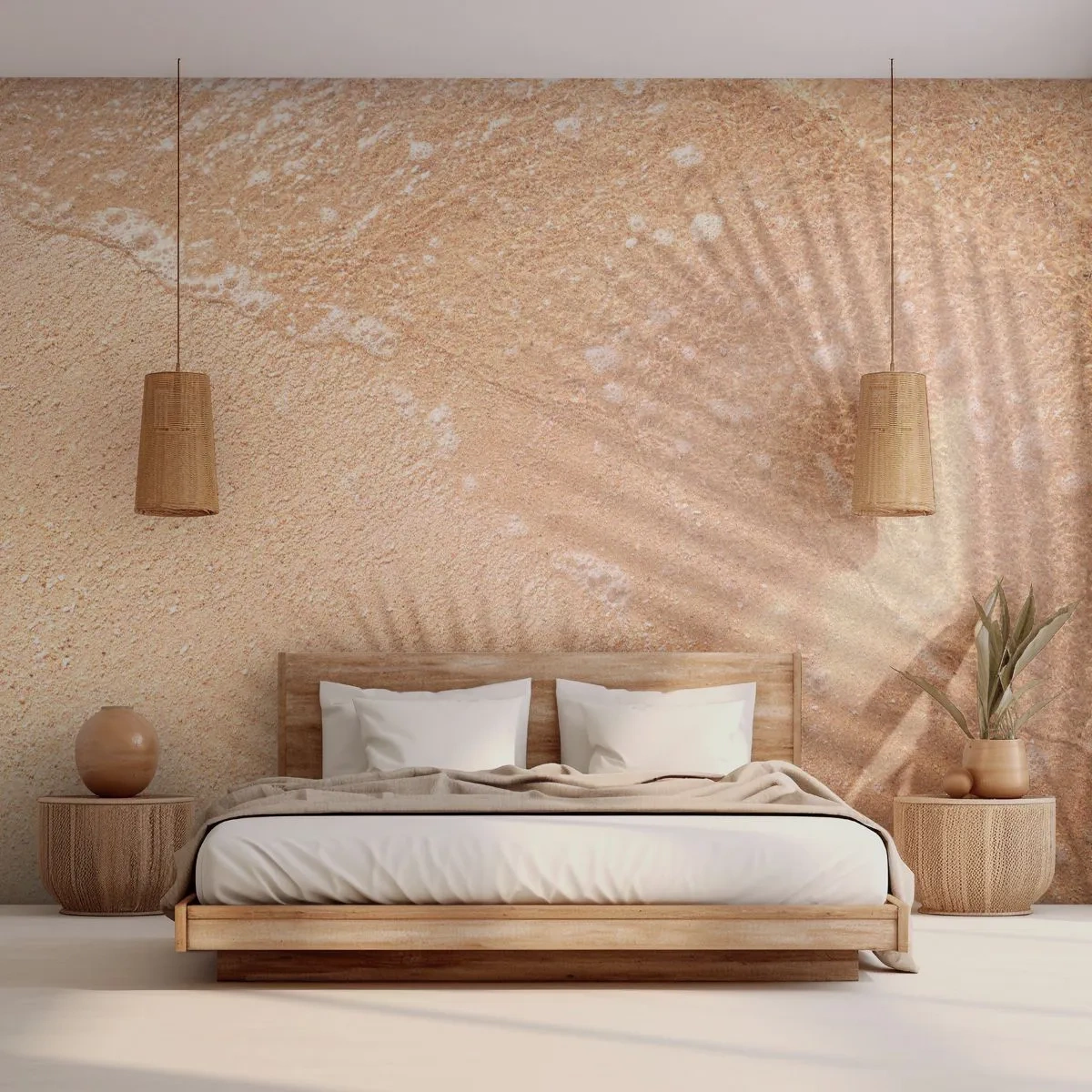 Fototapete Premium Canvas - Der Schatten eines heißen Sommers - Abstraktion, Sand am Strand, Blätter - 250x175 cm