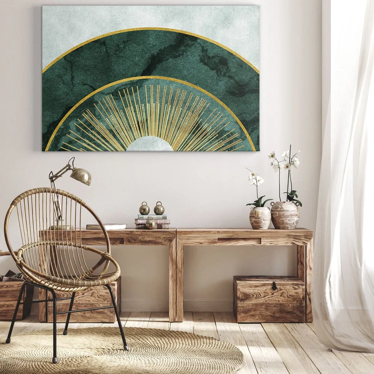 Bild auf Leinwand - Leinwandbild - Abstraktes Muster mit Kreisen in Smaragd- und Goldfarben. - 120x80cm - Anderes Sonnensystem - Moderne Wanddekoration für Wohnzimmer und Schlafzimmer ARTTOR