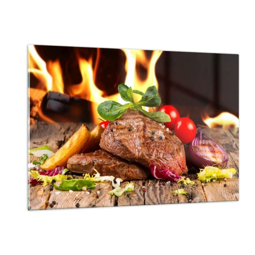Glasbild - Bild auf glas - Gegrilltes Steak mit Gemüse vor dem Hintergrund der Flammen - 120x80cm - Von Hitze gezaubert - Moderne Wanddekoration für Wohnzimmer und Schlafzimmer ARTTOR