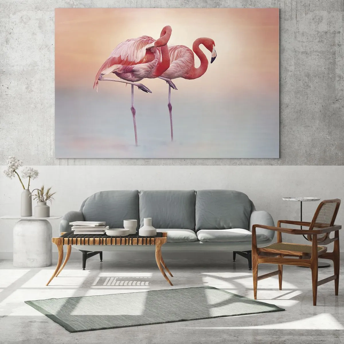Glasbild - Bild auf glas - Zwei Flamingos stehen im Wasser vor einem pastellfarbenen Sonnenuntergangshintergrund - 100x70cm - Die Farbe der untergehenden Sonne - Moderne Wanddekoration für Wohnzimmer und Schlafzimmer ARTTOR