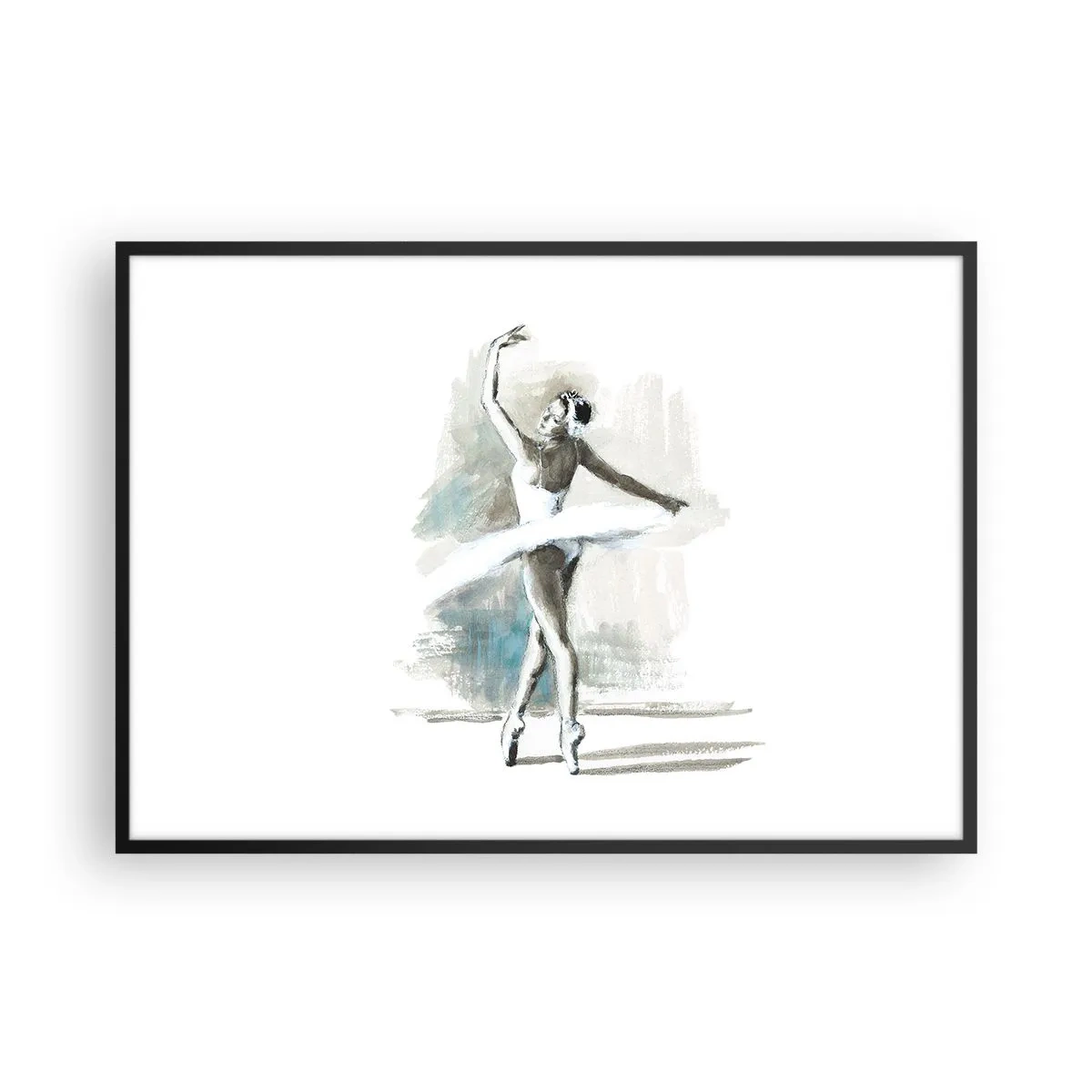 Poster in einem schwarzem Rahmen - Eine Balletttänzerin in einer Ballettpose vor einem Hintergrund aus zarten Aquarelltönen. - 100x70cm - In einen Schwan verzaubert - Moderne Wanddekoration für Wohnzimmer und Schlafzimmer ARTTOR